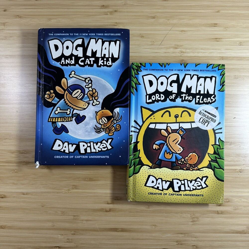 2 Dog Man Books Dav Pilkey Hardcover Cat Kid & Lord of the Fleas (Signed)